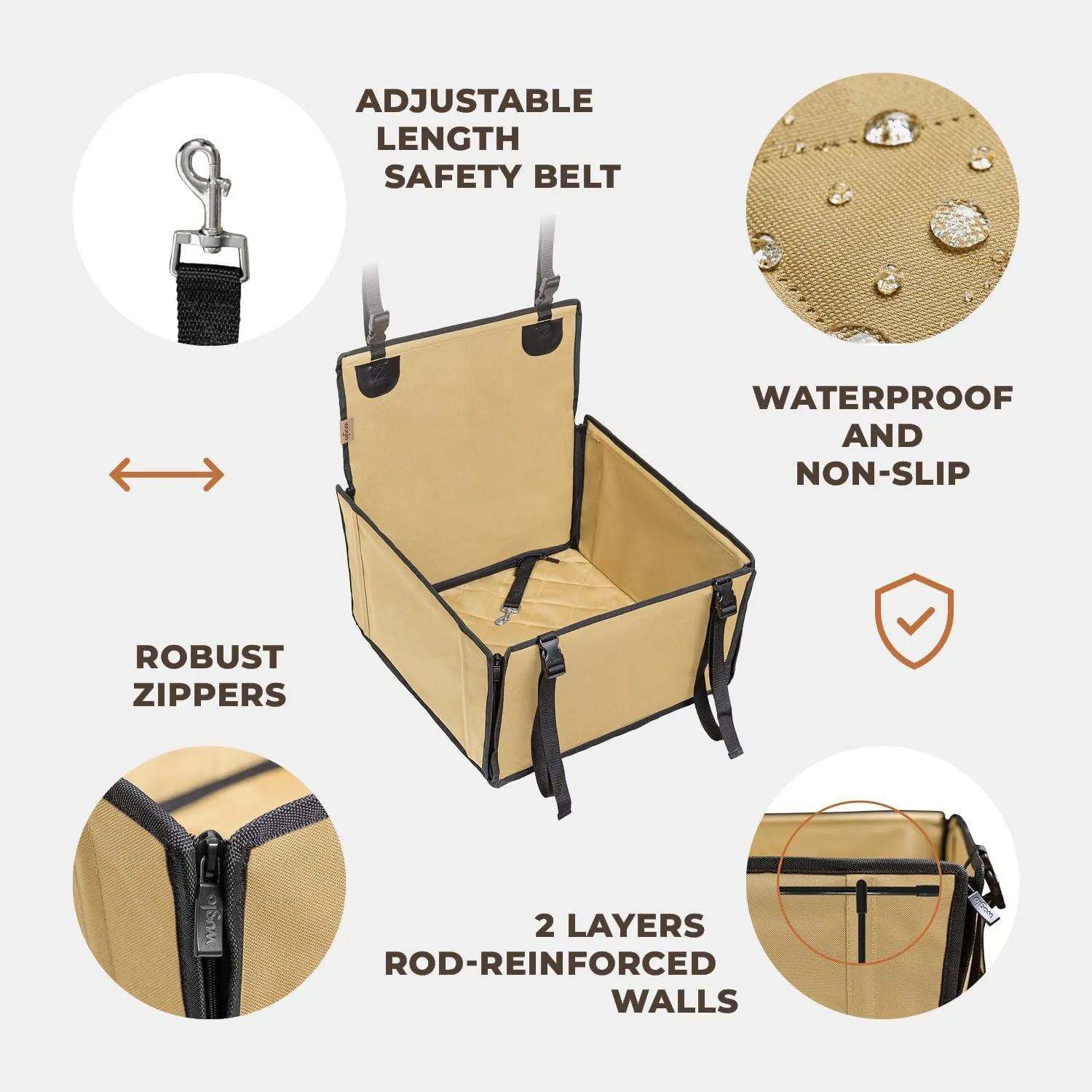 Wuglo Extra Stable Dog Car Seat - Reinforced Car Dog Seat for Medium-Sized Dogs with 4 Fastening Straps - Robust and Waterproof Pet Car Seat for The Back Seat of The Car (S Size, Beige)